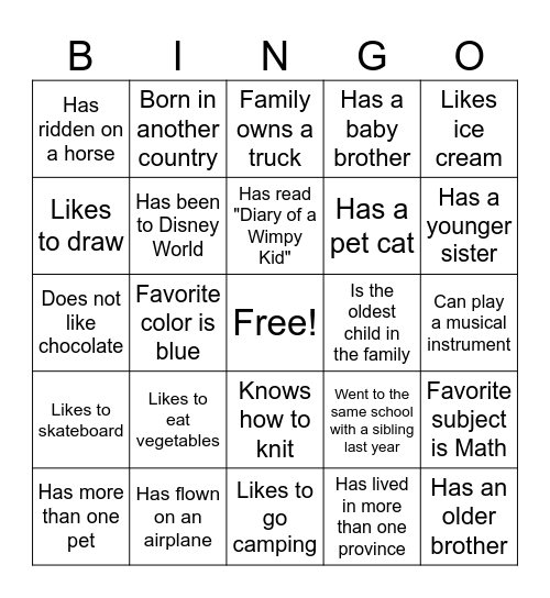 Classmate Bingo Card