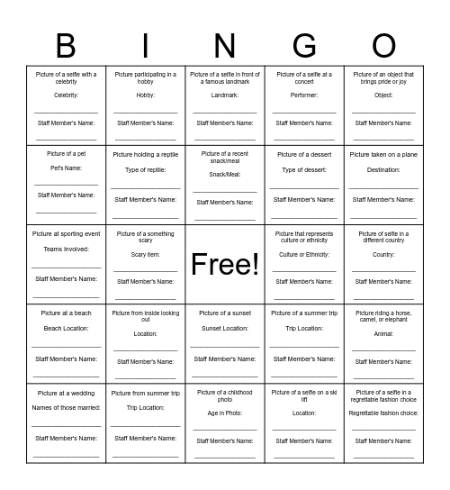 Selfie/Picture Bingo Card