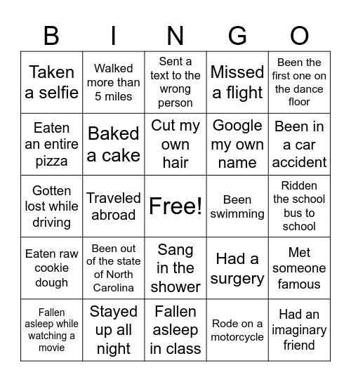 Never Have I Ever Bingo Card