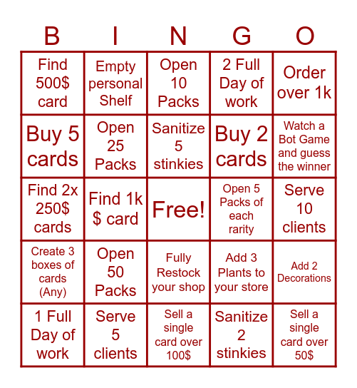 TCG Shop Simulator Bingo Card