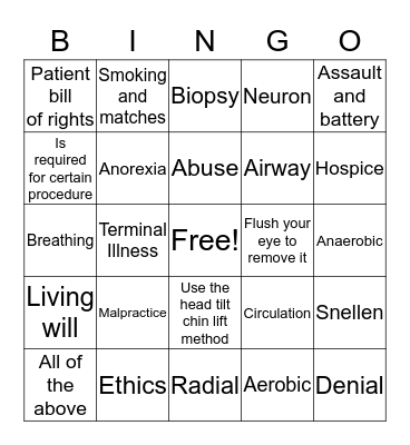 Health Science  Bingo Card