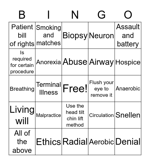 Health Science  Bingo Card