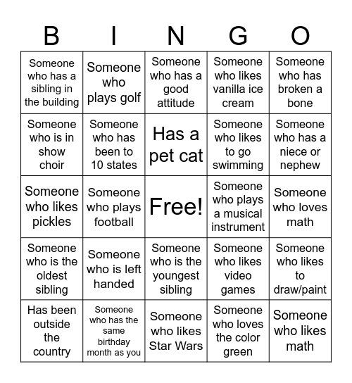 Find a Friend Bingo Card