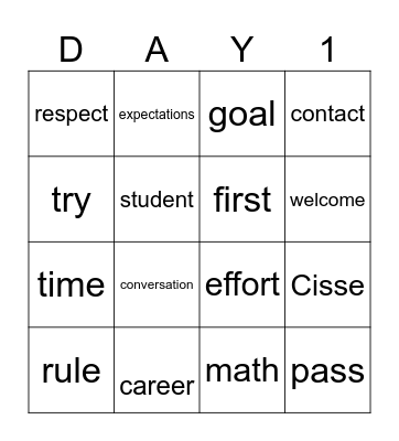 WELCOME TO THE FIRST DAY! Bingo Card