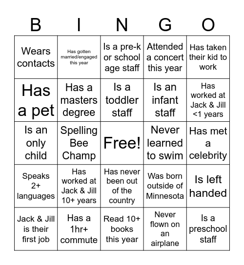 Jack & Jill Bingo Card