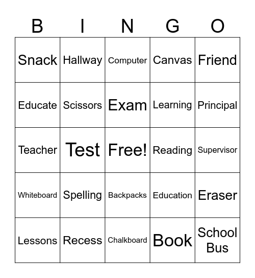 Back to School Bingo Card