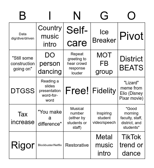 OHS Opening Week Bingo Card