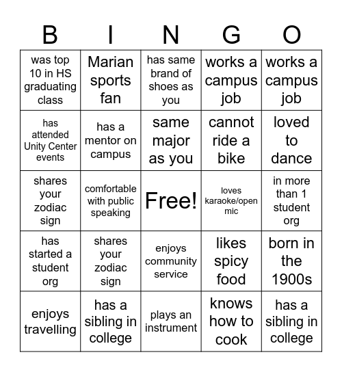 Unity Center Student Org Bingo Card