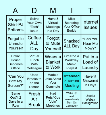 Work From Home Bingo Card
