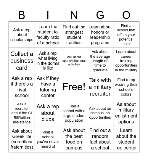 College Fair Bingo Card