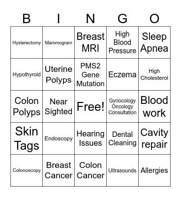 Medical Issues Bingo Card