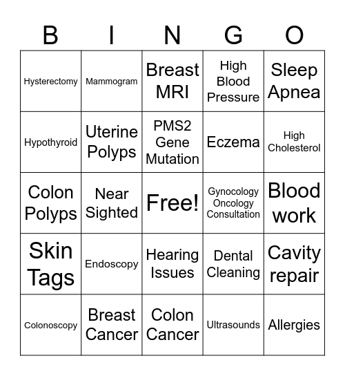 Medical Issues Bingo Card