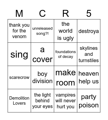 MCR TORONTO SONGS Bingo Card