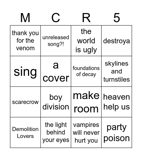 MCR TORONTO SONGS Bingo Card