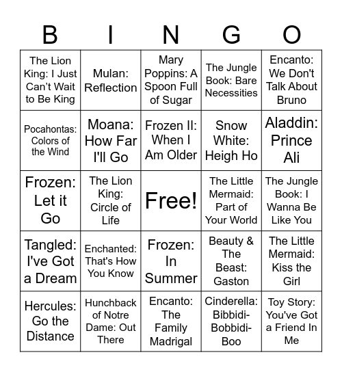 Kidder Music: Disney Songs Bingo Card