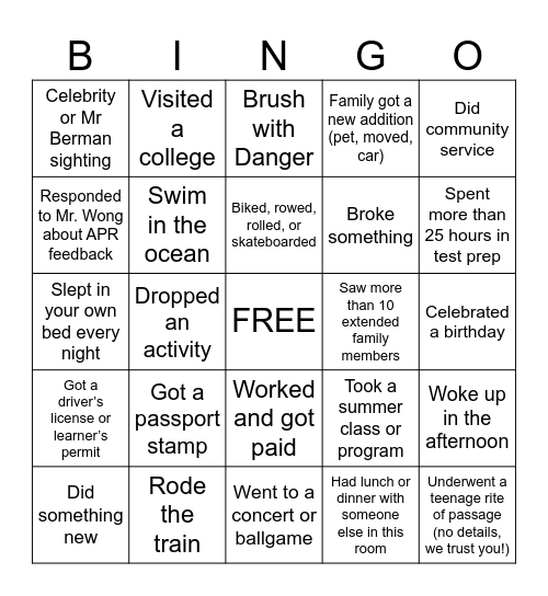 Summer Bingo! Bingo Card