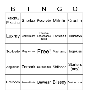 Mega Pokemon Bingo Card