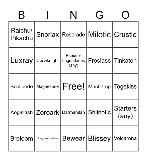 Mega Pokemon Bingo Card