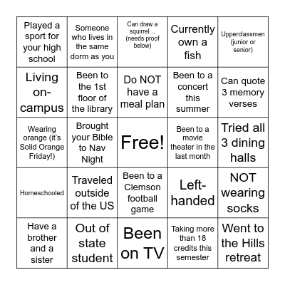 Nav Night Bingo Card