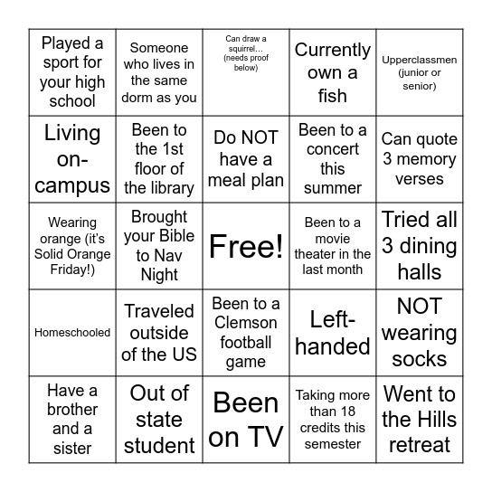 Nav Night Bingo Card
