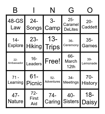 Girl Scout Bingo Card
