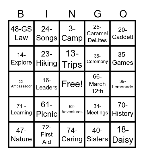 Girl Scout Bingo Card