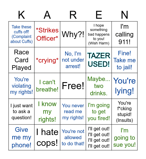 Karen vs. Cop Bingo 2.0 Bingo Card
