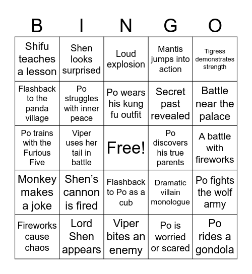 Kung Fu Panda 2 Bingo Card