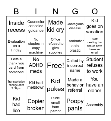 Teacher Bingo Card