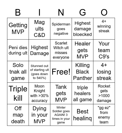 Rivals Bingo Card