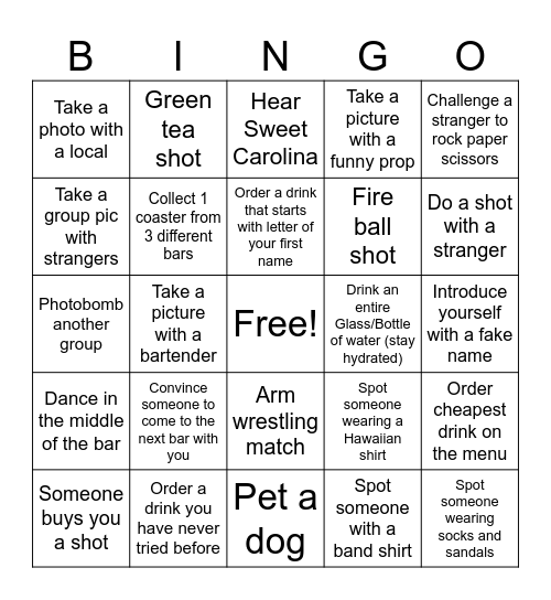 Bingo Bar Crawl Bingo Card