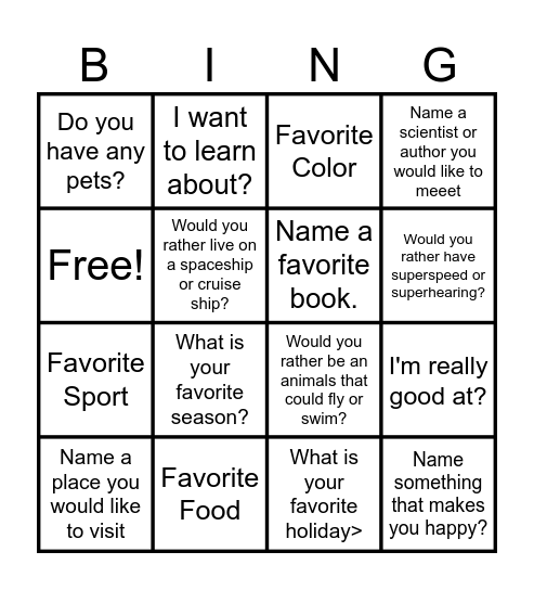 Back to School Bingo Card