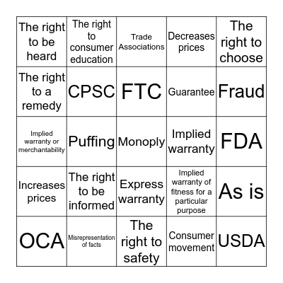 Consumer Bingo Card