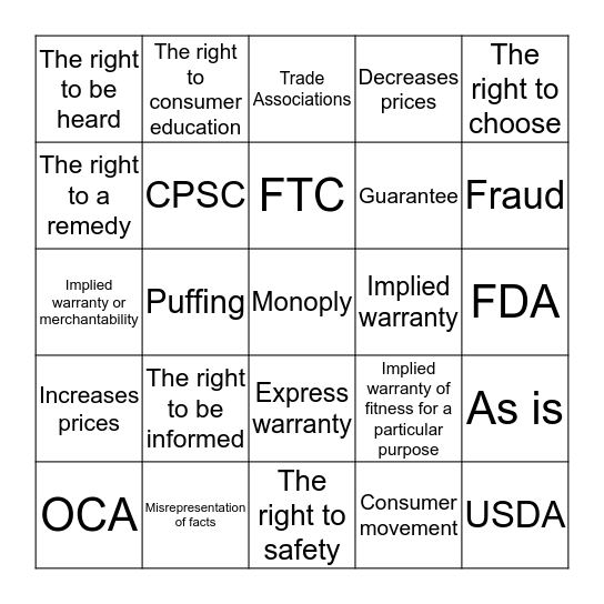 Consumer Bingo Card