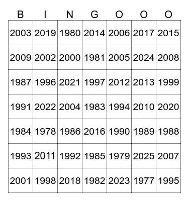 Last Fourty-Nine Years Bingo Card