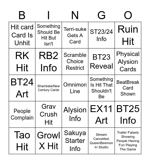 Digimon GAO Stream Bingo Card