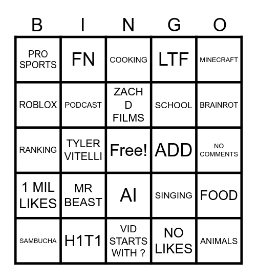 YOUTUBE SHORT BIGO Bingo Card