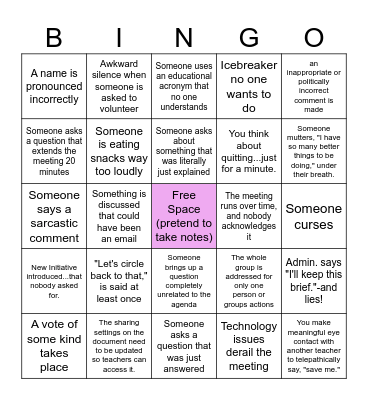 Rundle Elementary Staff Meeting Bingo Card