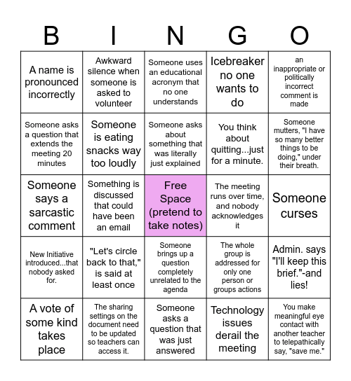 Rundle Elementary Staff Meeting Bingo Card