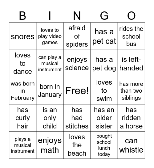 Back to School Bingo Card