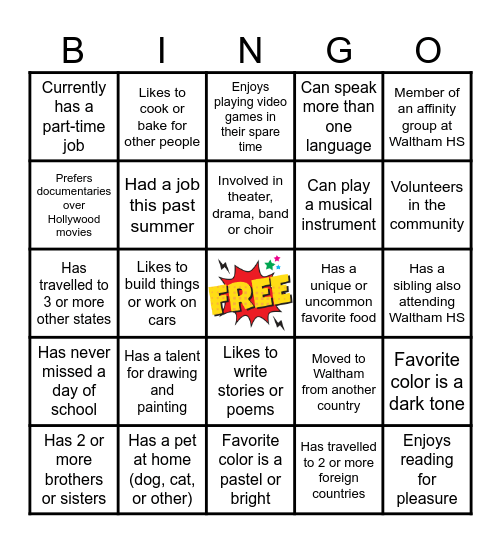 WHS Classmate Bingo Card