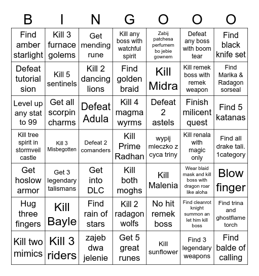 Elden RIng Bingo Run Bingo Card