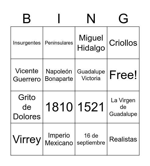 Bingo de la Independencia Bingo Card