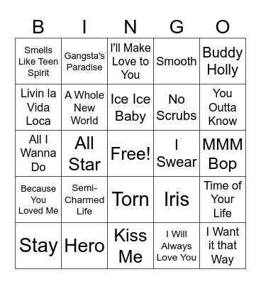 90's Tunes Bingo Card