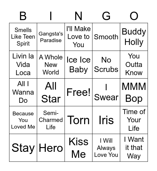 90's Tunes Bingo Card