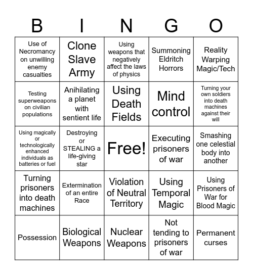 War Crime Bingo Card