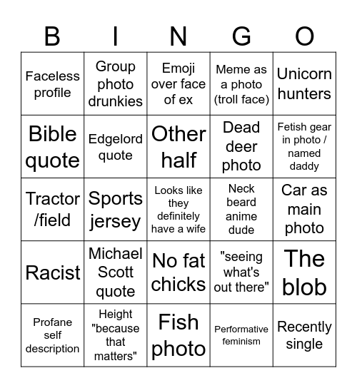 North bay tinder bingo Card