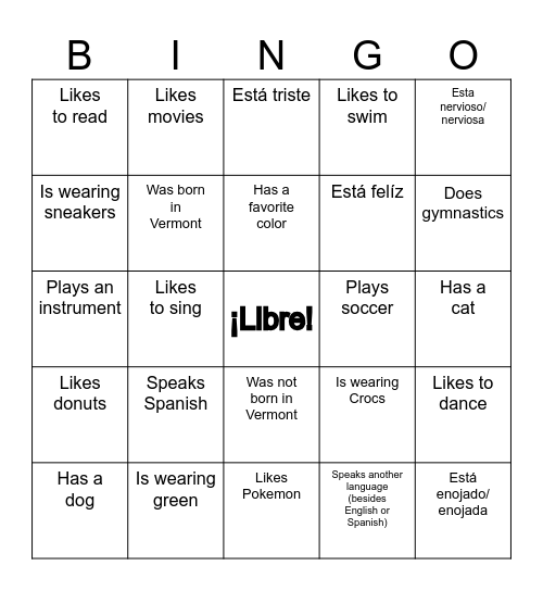 Clase de Español Bingo Card