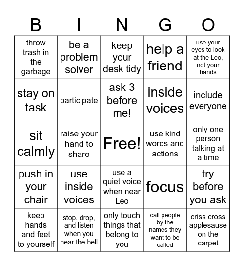 Classroom Rules Bingo Card