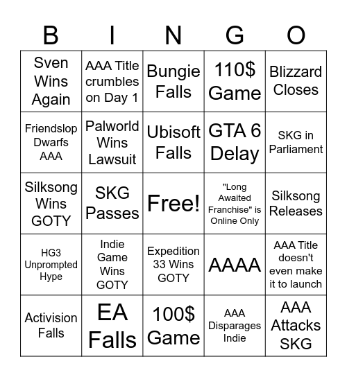 Year of the Indie 2025-2026 Bingo Card